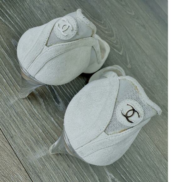 Chanel Vintage‎ Ivory Mesh Heels Size 38 Ultra Rare Audrey Hepburn Blair Waldorf - Picture 5 of 10